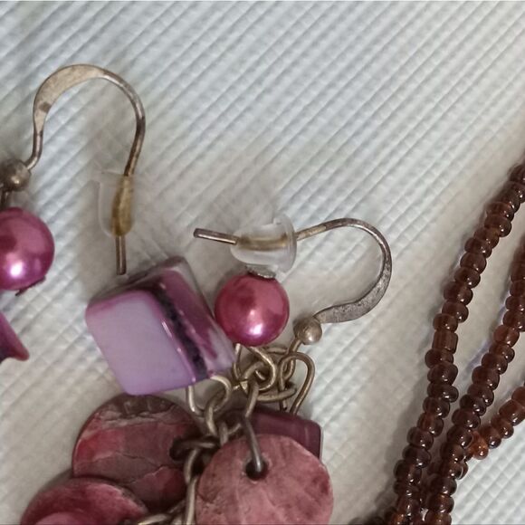 Pink & Brown Colorful Beaded Triple Strand Statement Necklace & Dangle Earrings - Picture 8 of 11